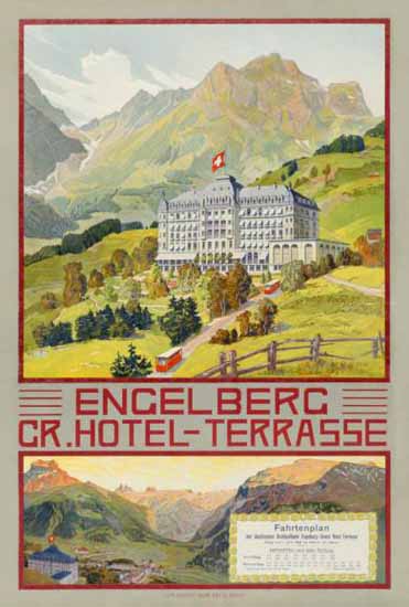 Engelberg Hotel Terrasse Fahrtenplan Switzerland 1909 | Vintage Travel Posters 1891-1970