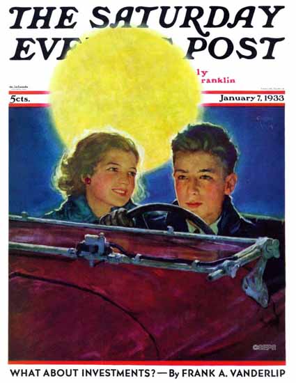 Eugene Iverd Saturday Evening Post Moonlit Car Ride 1933_01_07 | The Saturday Evening Post Graphic Art Covers 1931-1969