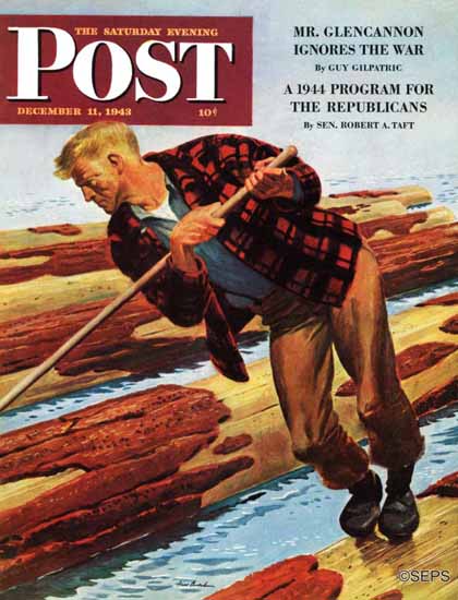 Fred Ludekens Saturday Evening Post Log Rolling 1943_12_11 | The Saturday Evening Post Graphic Art Covers 1931-1969