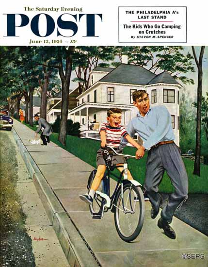 George Hughes Saturday Evening Post Bike Riding Lesson 1954_06_12 | Sat Eve Post 1931-69 George Hughes Saturday Evening Post Bike Riding Lesson 1954_06_12 | The Saturday Evening Post Graphic Art Covers 1931-1969