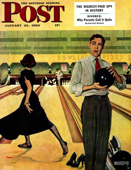 George Hughes Saturday Evening Post Bowling Strike 1950_01_28 | The Saturday Evening Post Graphic Art Covers 1931-1969