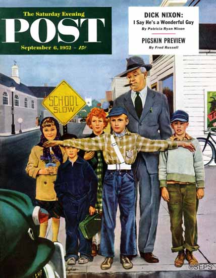 George Hughes Saturday Evening Post Crossing Guard 1952_09_06 | The Saturday Evening Post Graphic Art Covers 1931-1969