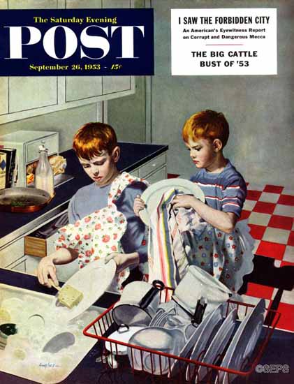 George Hughes Saturday Evening Post Dinner Dishes 1953_09_26 | The Saturday Evening Post Graphic Art Covers 1931-1969