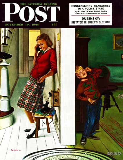 George Hughes Saturday Evening Post Eavesdropping on Sis 1949_11_19 | The Saturday Evening Post Graphic Art Covers 1931-1969