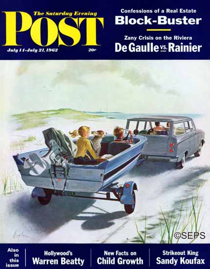George Hughes Saturday Evening Post Highway Boatride 1962_07_14 | The Saturday Evening Post Graphic Art Covers 1931-1969