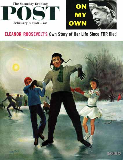 George Hughes Saturday Evening Post Ice-skating Class Dad 1958_02_08 | The Saturday Evening Post Graphic Art Covers 1931-1969