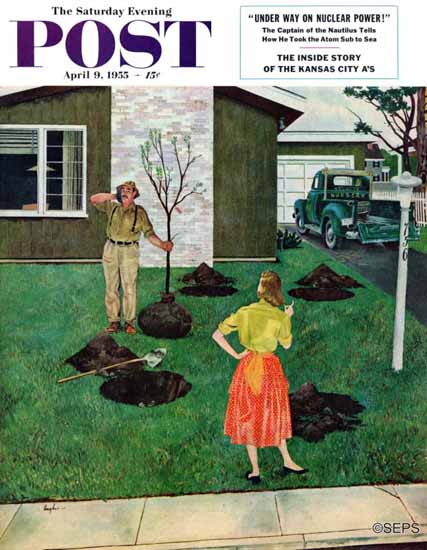 George Hughes Saturday Evening Post Put the Tree There 1955_04_09 | Sat Eve Post 1931-69 George Hughes Saturday Evening Post Put the Tree There 1955_04_09 | The Saturday Evening Post Graphic Art Covers 1931-1969