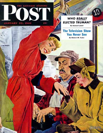 George Hughes Saturday Evening Post Showing Off Her Ring 1949_01_22 | Sat Eve Post 1931-69 George Hughes Saturday Evening Post Showing Off Her Ring 1949_01_22 | The Saturday Evening Post Graphic Art Covers 1931-1969