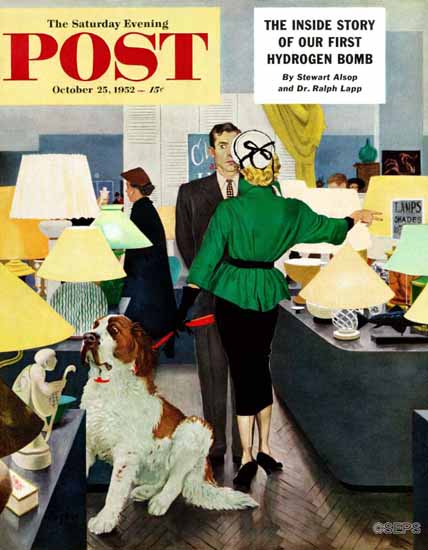 George Hughes Saturday Evening Post St Bernard Lamp Shop 1952_10_25 | The Saturday Evening Post Graphic Art Covers 1931-1969
