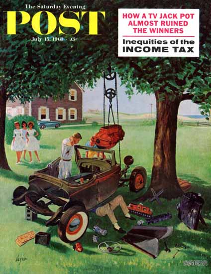 George Hughes Saturday Evening Post Working on the Jalopy 1961_07_15 | Sat Eve Post 1931-69 George Hughes Saturday Evening Post Working on the Jalopy 1961_07_15 | The Saturday Evening Post Graphic Art Covers 1931-1969