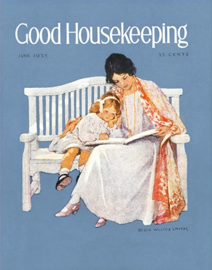 Good Housekeeping Copyright 1925 Mother Child On Bench | Vintage Ad and Cover Art 1891-1970