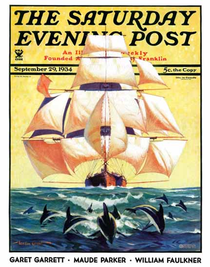 Gordon Grant Saturday Evening Post Dolphins and Ship 1934_09_29 | Sat Eve Post 1931-69 Gordon Grant Saturday Evening Post Dolphins and Ship 1934_09_29 | The Saturday Evening Post Graphic Art Covers 1931-1969
