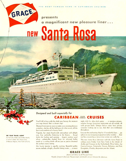 Grace Line Santa Rosa Caribbean Cruises 1958 | Vintage Travel Posters 1891-1970