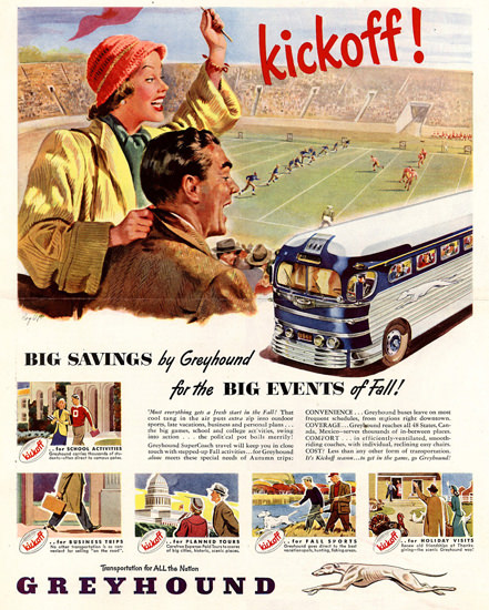 Greyhound Kickoff For Big Events Of Fall 1948 | Vintage Travel Posters 1891-1970