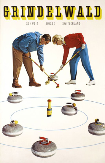 Grindelwald Schweiz Switzerland 1960 Curling | Vintage Travel Posters 1891-1970