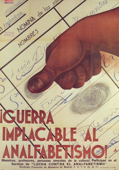 Guerra Implacable Al Analfabetismo Spain Espana | Vintage War Propaganda Posters 1891-1970