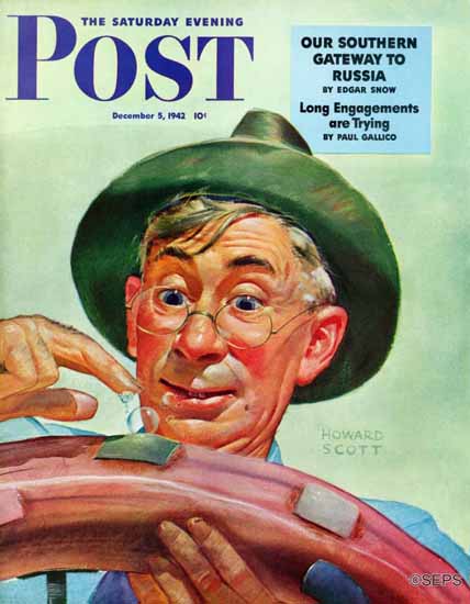 Howard Scott Saturday Evening Post Patching a Tire 1942_12_05 | Sat Eve Post 1931-69 Howard Scott Saturday Evening Post Patching a Tire 1942_12_05 | The Saturday Evening Post Graphic Art Covers 1931-1969