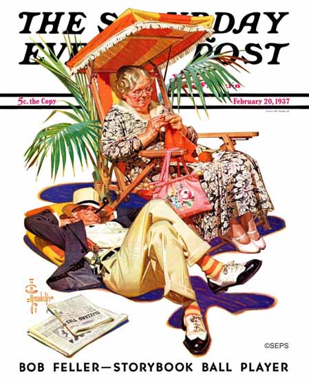 JC Leyendecker Saturday Evening Post Retired Couple Beach 1937_02_20 | The Saturday Evening Post Graphic Art Covers 1931-1969