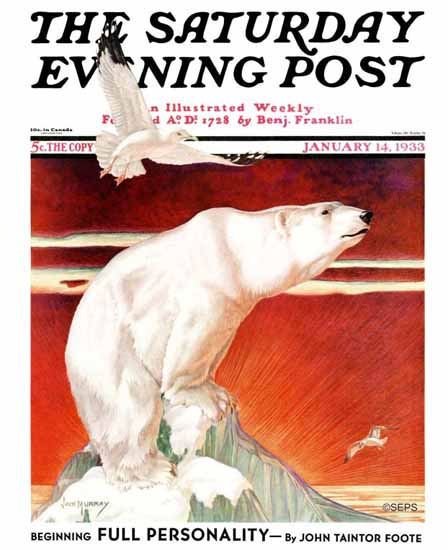 Jack Murray Saturday Evening Post Polar Bear on Iceberg 1933_01_14 | Sat Eve Post 1931-69 Jack Murray Saturday Evening Post Polar Bear on Iceberg 1933_01_14 | The Saturday Evening Post Graphic Art Covers 1931-1969