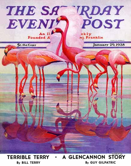 Jacques Lowe The Saturday Evening Post Pink Flamingos 1938_01_29 | The Saturday Evening Post Graphic Art Covers 1931-1969