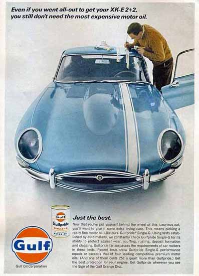 Jaguar XK-E 2-2 1967 on Gulf Oil Ad | Vintage Cars 1891-1970