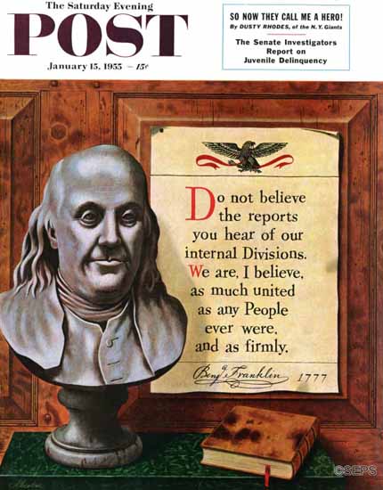 John Atherton Saturday Evening Post Benjamin Franklin Quote 1955_01_15 | The Saturday Evening Post Graphic Art Covers 1931-1969