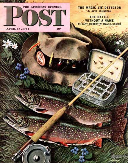 John Atherton Saturday Evening Post Fishing Still Life 1944_04_15 | Sat Eve Post 1931-69 John Atherton Saturday Evening Post Fishing Still Life 1944_04_15 | The Saturday Evening Post Graphic Art Covers 1931-1969