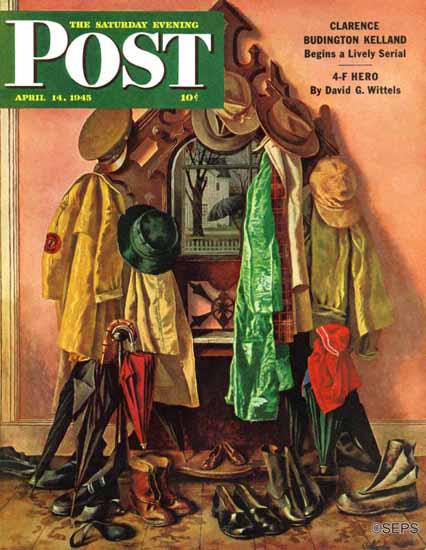 John Atherton Saturday Evening Post Loaded Coat Rack 1945_04_14 | Sat Eve Post 1931-69 John Atherton Saturday Evening Post Loaded Coat Rack 1945_04_14 | The Saturday Evening Post Graphic Art Covers 1931-1969