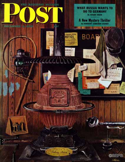 John Atherton Saturday Evening Post Railway Station Still Life 1944_12_02 | Sat Eve Post 1931-69 John Atherton Saturday Evening Post Railway Station Still Life 1944_12_02 | The Saturday Evening Post Graphic Art Covers 1931-1969