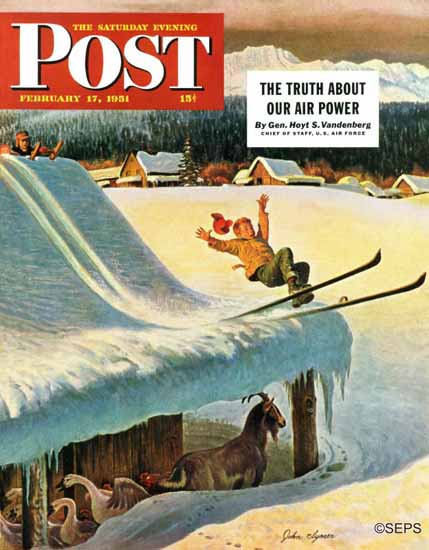 John Clymer Saturday Evening Post Barn Skiing 1951_02_17 | The Saturday Evening Post Graphic Art Covers 1931-1969