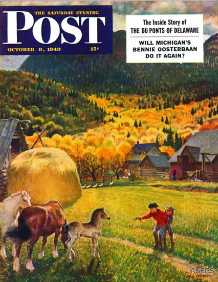 John Clymer Saturday Evening Post Belgian Horse Farm 1949_10_08 | Sat Eve Post 1931-69 John Clymer Saturday Evening Post Belgian Horse Farm 1949_10_08 | The Saturday Evening Post Graphic Art Covers 1931-1969