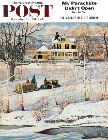 John Clymer Saturday Evening Post Bringing Home the Tree 1957_12_21 | Sat Eve Post 1931-69 John Clymer Saturday Evening Post Bringing Home the Tree 1957_12_21 | The Saturday Evening Post Graphic Art Covers 1931-1969