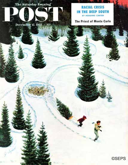 John Clymer Saturday Evening Post Cutting Down the Tree 1955_12_17 | The Saturday Evening Post Graphic Art Covers 1931-1969