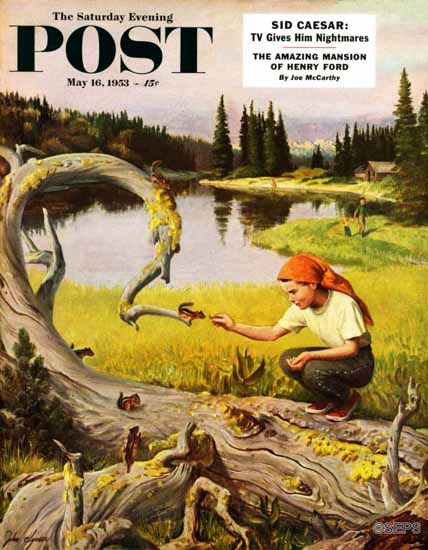 John Clymer Saturday Evening Post Feeding Chipmunks 1953_05_16 | Sat Eve Post 1931-69 John Clymer Saturday Evening Post Feeding Chipmunks 1953_05_16 | The Saturday Evening Post Graphic Art Covers 1931-1969