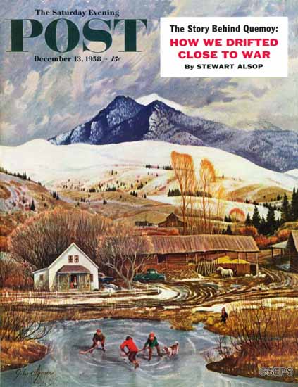 John Clymer Saturday Evening Post Ice Hockey on Pond 1958_12_13 | The Saturday Evening Post Graphic Art Covers 1931-1969