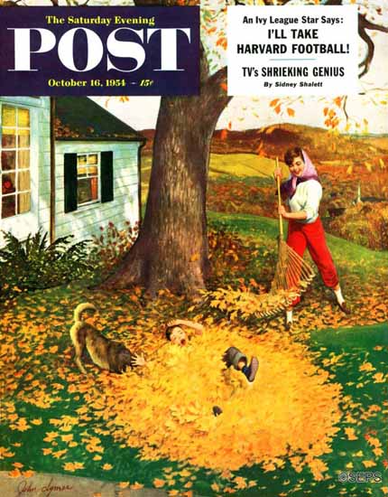 John Clymer Saturday Evening Post Leaf Pile 1954_10_16 | Sat Eve Post 1931-69 John Clymer Saturday Evening Post Leaf Pile 1954_10_16 | The Saturday Evening Post Graphic Art Covers 1931-1969