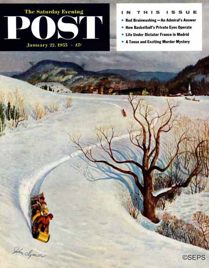John Clymer Saturday Evening Post Tobogganing 1955_01_22 | The Saturday Evening Post Graphic Art Covers 1931-1969
