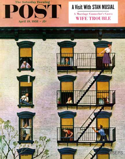 John Falter Saturday Evening Post Apartment Clarinetist 1958_04_19 | The Saturday Evening Post Graphic Art Covers 1931-1969
