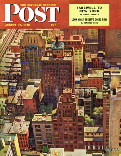 John Falter Saturday Evening Post Birds View of New York City 1946_08_17 | Sat Eve Post 1931-69 John Falter Saturday Evening Post Birds View of New York City 1946_08_17 | The Saturday Evening Post Graphic Art Covers 1931-1969