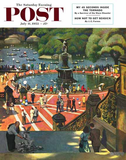 John Falter Saturday Evening Post Boating in Central Park 1953_07_11 | Sat Eve Post 1931-69 John Falter Saturday Evening Post Boating in Central Park 1953_07_11 | The Saturday Evening Post Graphic Art Covers 1931-1969
