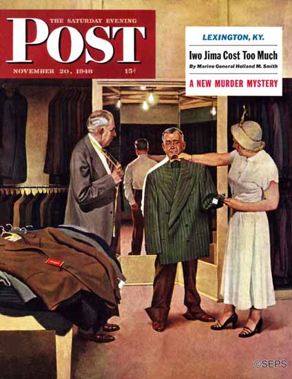 John Falter Saturday Evening Post Choosing a New Suit 1948_11_20 | The Saturday Evening Post Graphic Art Covers 1931-1969