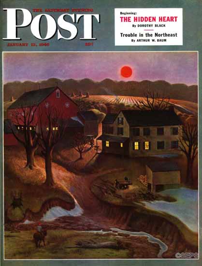 John Falter Saturday Evening Post Nighttime Farm Landscape 1946_01_12 | Sat Eve Post 1931-69 John Falter Saturday Evening Post Nighttime Farm Landscape 1946_01_12 | The Saturday Evening Post Graphic Art Covers 1931-1969