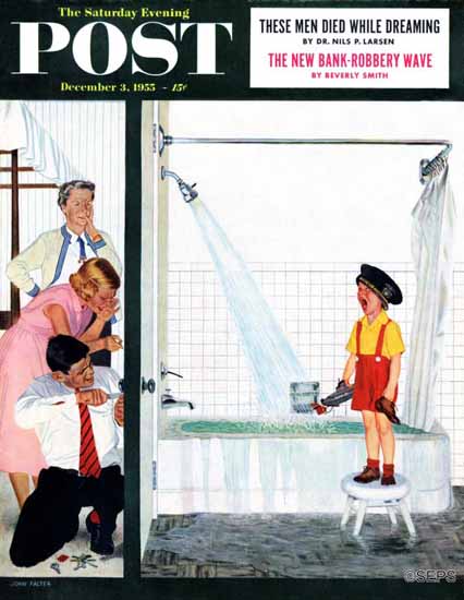 John Falter Saturday Evening Post Overflowing Tub 1955_12_03 | Sat Eve Post 1931-69 John Falter Saturday Evening Post Overflowing Tub 1955_12_03 | The Saturday Evening Post Graphic Art Covers 1931-1969