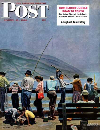 John Falter Saturday Evening Post Pier Fishing 1949_08_13 | The Saturday Evening Post Graphic Art Covers 1931-1969