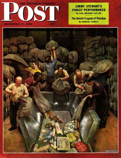John Falter Saturday Evening Post Post Office Sorting Room 1945_12_08 | The Saturday Evening Post Graphic Art Covers 1931-1969
