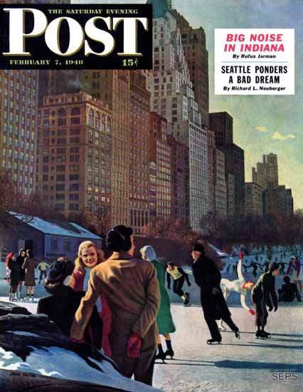 John Falter Saturday Evening Post Skaters in Central Park 1948_02_07 | Sat Eve Post 1931-69 John Falter Saturday Evening Post Skaters in Central Park 1948_02_07 | The Saturday Evening Post Graphic Art Covers 1931-1969