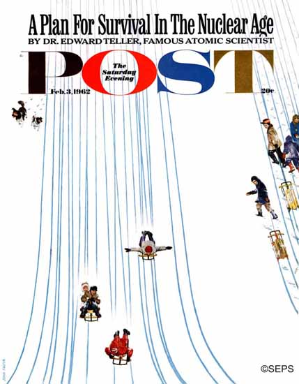 John Falter Saturday Evening Post Sledding Designs in Snow 1962_02_03 | The Saturday Evening Post Graphic Art Covers 1931-1969