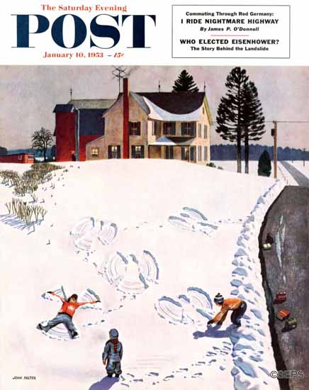 John Falter Saturday Evening Post Snow Angels 1953_01_10 | The Saturday Evening Post Graphic Art Covers 1931-1969