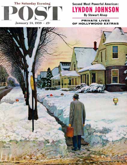 John Falter Saturday Evening Post Snowy Ambush 1959_01_24 | Sat Eve Post 1931-69 John Falter Saturday Evening Post Snowy Ambush 1959_01_24 | The Saturday Evening Post Graphic Art Covers 1931-1969
