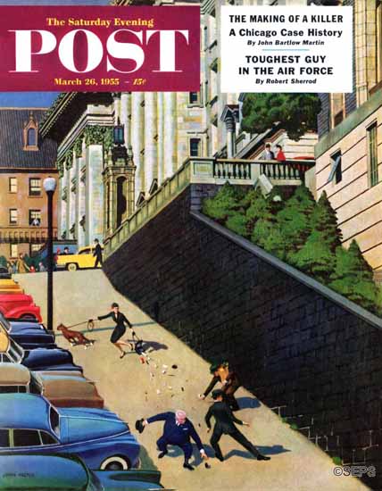 John Falter Saturday Evening Post Spilled Purse on Steep Hill 1955_03_26 | Sat Eve Post 1931-69 John Falter Saturday Evening Post Spilled Purse on Steep Hill 1955_03_26 | The Saturday Evening Post Graphic Art Covers 1931-1969